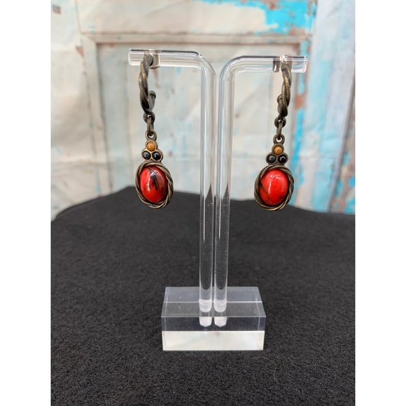 Red Coral Half Hoop, Post Style Earrings (pair)   Red, Metal   Metal, Red Coral - Picture 1 of 6